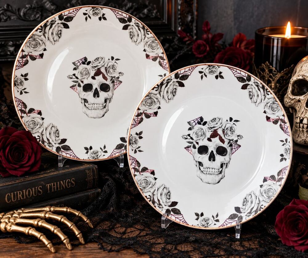 Eaton Fine Dining Skull Roses Dinner Plates Set of 2 Gothic Halloween 10.5"